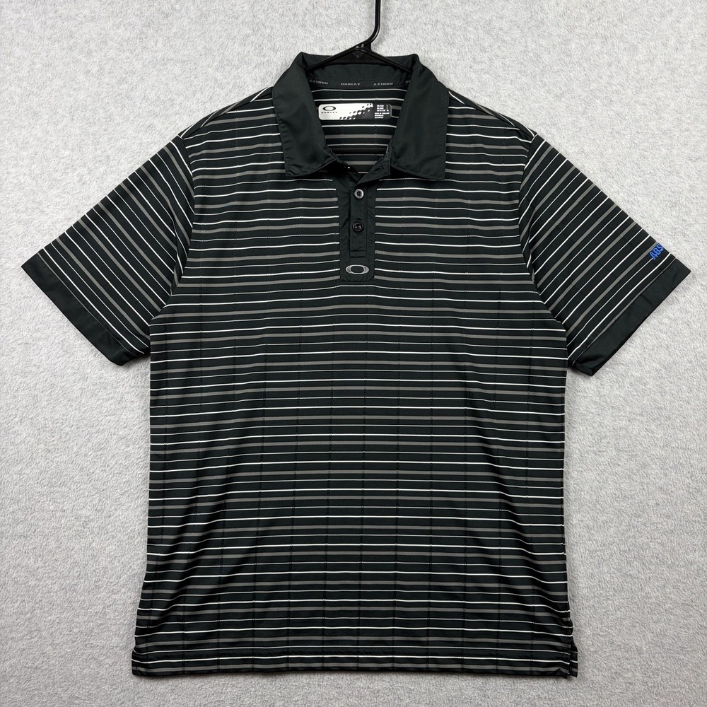 Oakley Polo Shirt Mens Large Black Stripe Golf Performance Absolut Vodka Logo